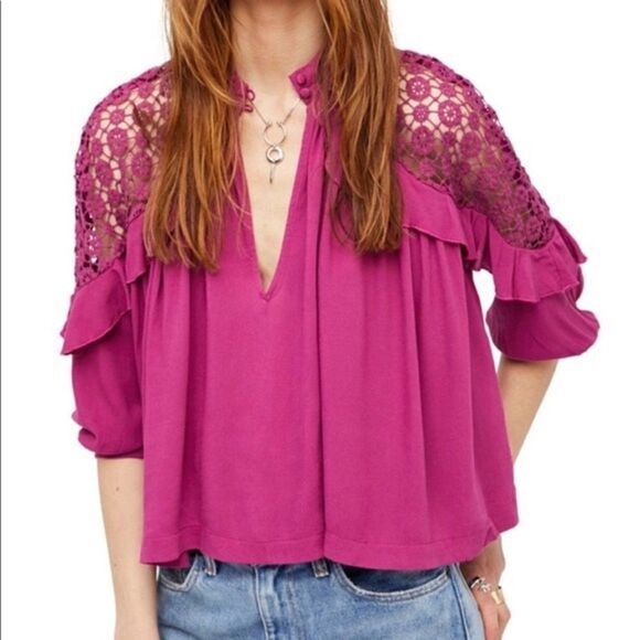Free People Raspberry Little Bit of Love Blouse - Picture 1 of 8